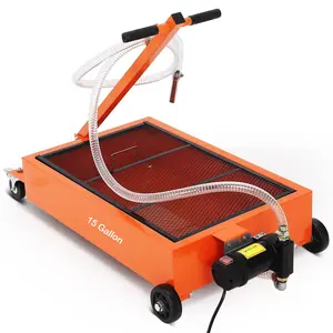 15 Gallon Oil Drain Pan with Pump-Electric Rolling Oil Drain Cart with 8Ft Hose, Folding t-Handle & Caster Wheels, for Semi Truck, SUVs and Cars