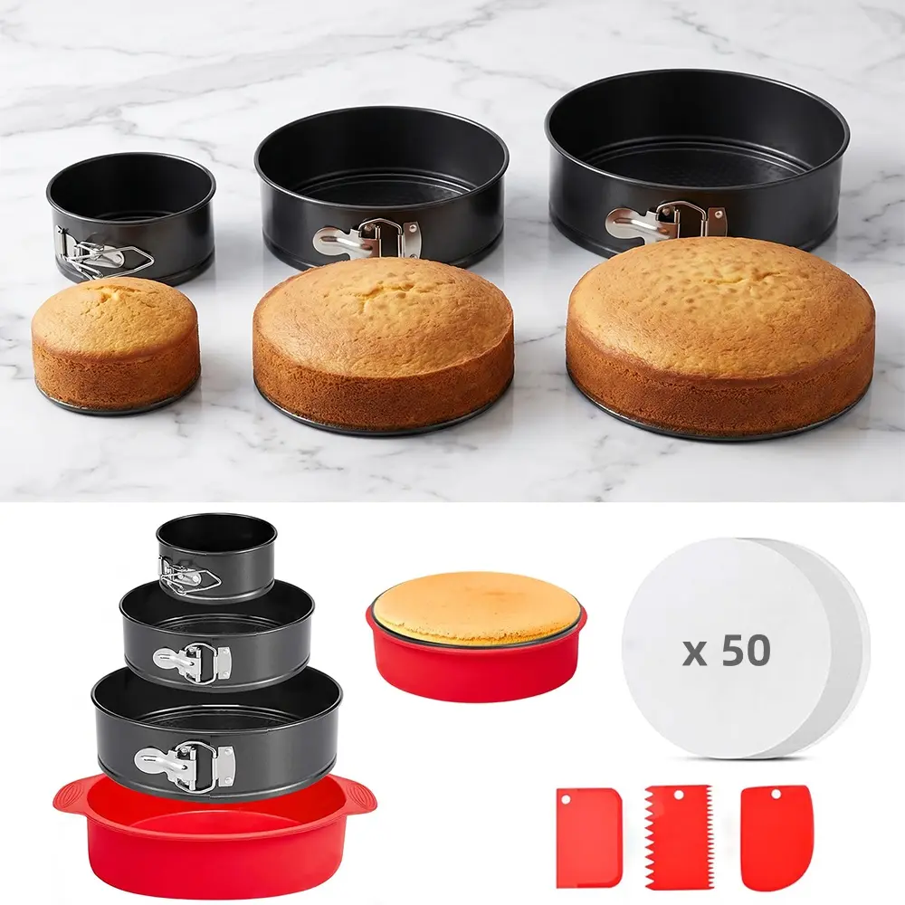 57-Piece Dessert Baking Tool Kit - 3 Detachable Carbon Steel Trays, 1 Silicone Tray, 50 Papers, 3 Scrapers for Chiffon, Cheesecakes