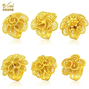 Ethiopia Dubai Flower Gold Color Arab Rings Resizable For Women Wedding Jewelry African Party Gift Box Nigerian Jewellery