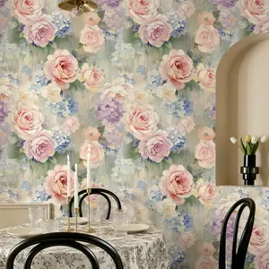 Vintage Rose Self-Adhesive Wallpaper - Peelable Detachable Wall Decoration, Oil Painting Style Wallpaper, Romantic Pink Rose Floral Wallpaper for Bedrooms, Living Rooms, Dining Rooms, And Decorative Walls