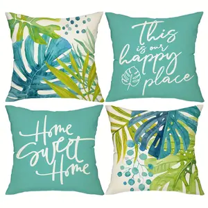 4pcs-Tropical Green Plants Printed Throw Pillow Covers, Home Sweet Home Cushion Covers, Farmhouse Style Home Decor Pillowcases, for Porch Patio Couch Sofa Living Room Outdoor, Single-sided Printing, No Pillow Core