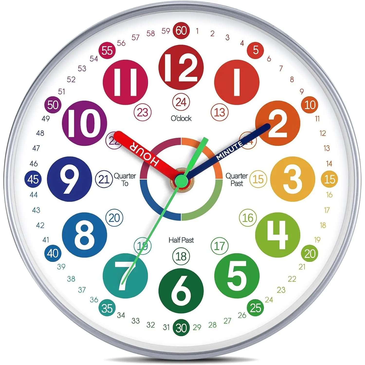 12-Inch Round b_multicoloured Silent Non-Ticking Analog Clock - Synthetic Office Stationery, Easy Time-Telling Teaching Tool for Teachers, Decorative Classroom Accessory