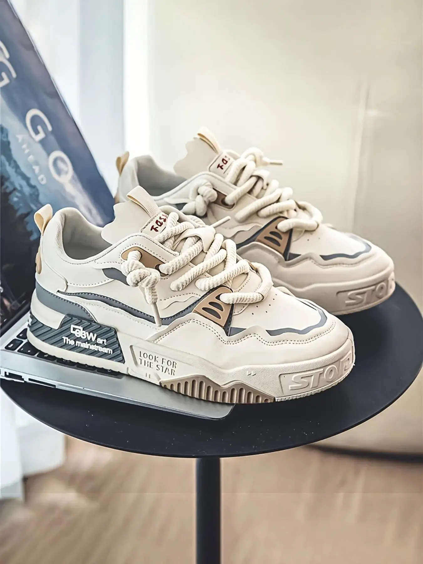 Men's Sporty Minimalist Lace Up Low Top Chunky Casual Sneakers, Fall Designer Shoes, Casual Comfort Platform Skate Shoes, Fashionable All-match Footw