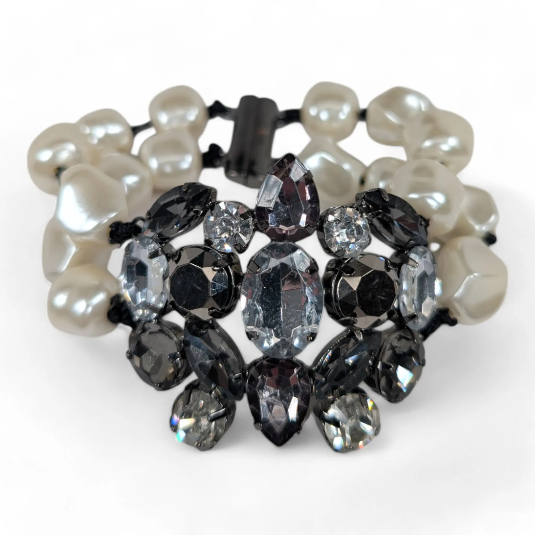Jewelry Large Center Smoky Gray Jeweled Rhinestone Baroque Faux Pearl Beaded Two Strand Bracelet Magnetic Clasp