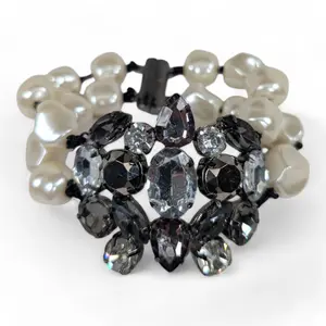 Jewelry Large Center Smoky Gray Jeweled Rhinestone Baroque Faux Pearl Beaded Two Strand Bracelet Magnetic Clasp