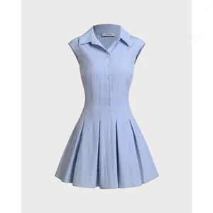 Rihoas Women's Waisted Shirt Dress - Minimalist Basic Blue Button-Front Sleeveless Drop Shoulder A-Line Mini, Soft Polyester-Nylon Fabric for Casual & Office Wear