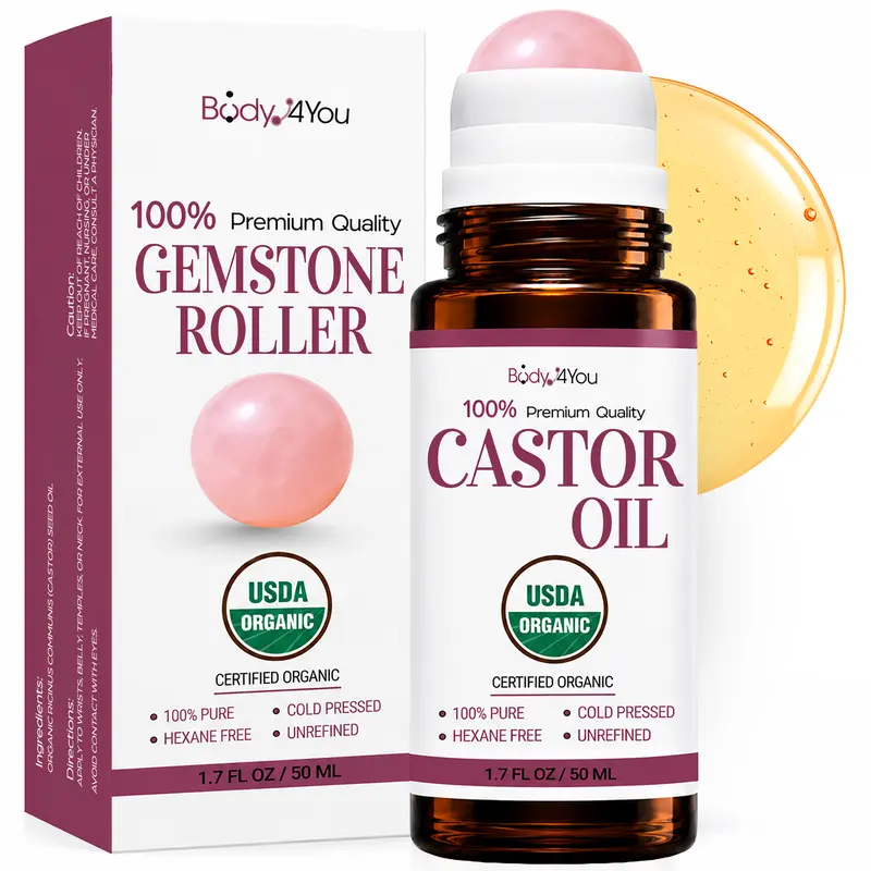 BodyJ4You Organic Oil Roll-On 1.7 oz - Castor, Rosehip, Jojoba, Argan, Coconut or Tea Tree - Rose Quartz Roller, Cold Pressed, Hexane Free