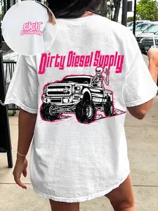 Women's Diesel Supply Truck Pattern Short Sleeve T-Shirt, Summer Casual Vintage Style, Fitted Best Friend Fit, Perfect for Summer Wear