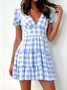 A women's fashionable new blue and white plaid V-neck puff sleeve short cake-style waist-cinching dress, suitable for summer, perfect for daily commuting, daes, outings, picnics, and photoshoots.