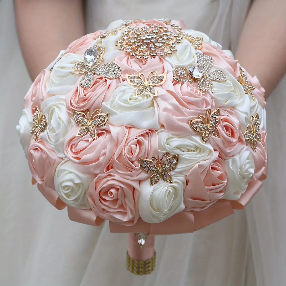 Bride Wedding Bouquet with Rhinestone Pin, Silk Handheld Throw Artificial Flower Arrangement, Romantic Bridal Party Gift, Artificial Flower Bouquets
