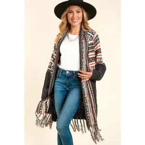 Tribal Shawl Cardigan with Fringe Tassel - Charcoal