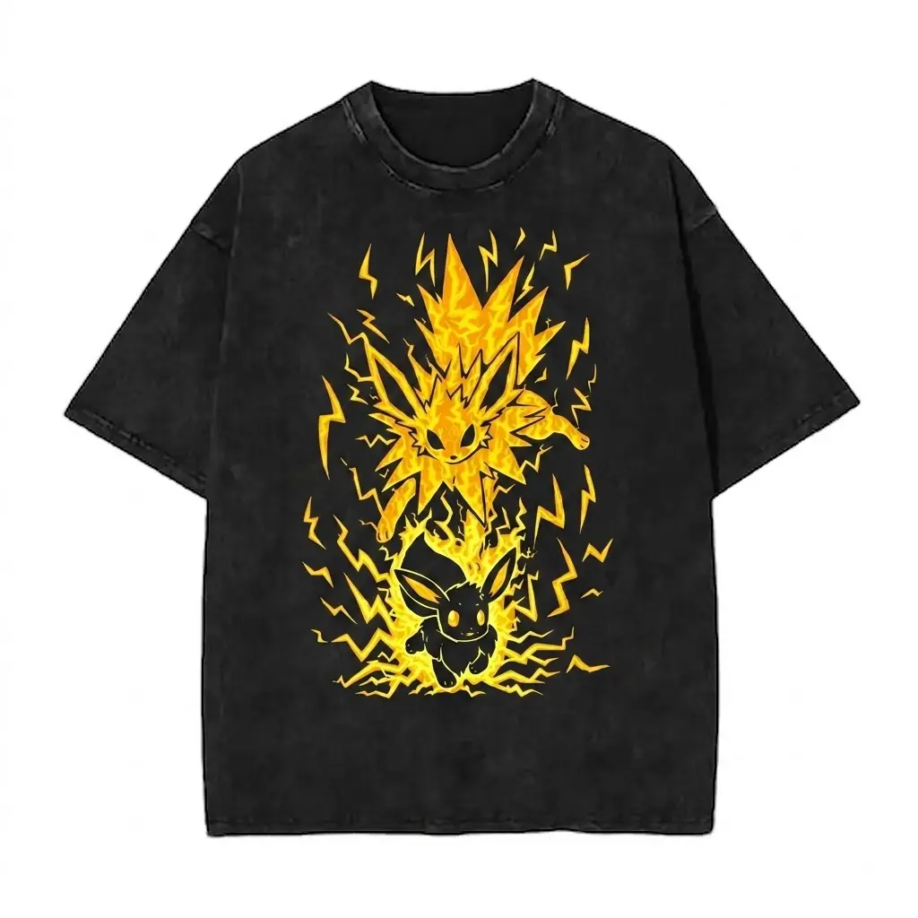 Jolteon Graphic T-Shirt Vintage Acid Wash Oversized Pokemon Anime Tee Streetwear