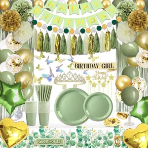 222 Pcs Sage Green Happy Birthday Decorations, Birthday Decorations For Women Or Girl Kit- Disposable Dinnerware Set With 25 Guest, Balloons, Sash, Tiara, Banner, Paper Pom Poms