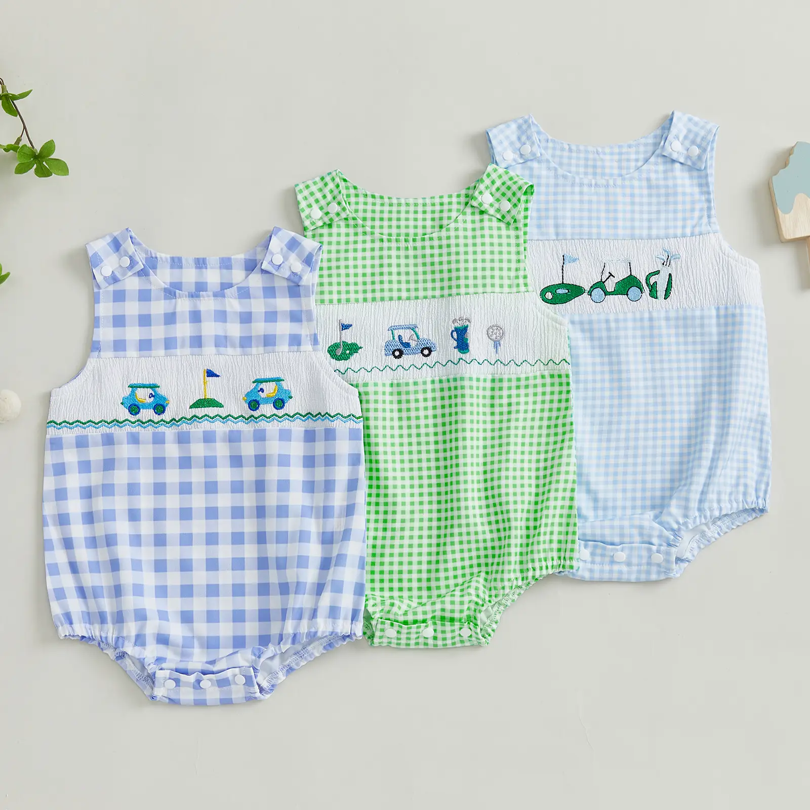 Infant Baby Boy Girl Romper for Summer Loose Fit Golf Embroidery Plaid Smocked Sleeveless Newborn Jumpsuit