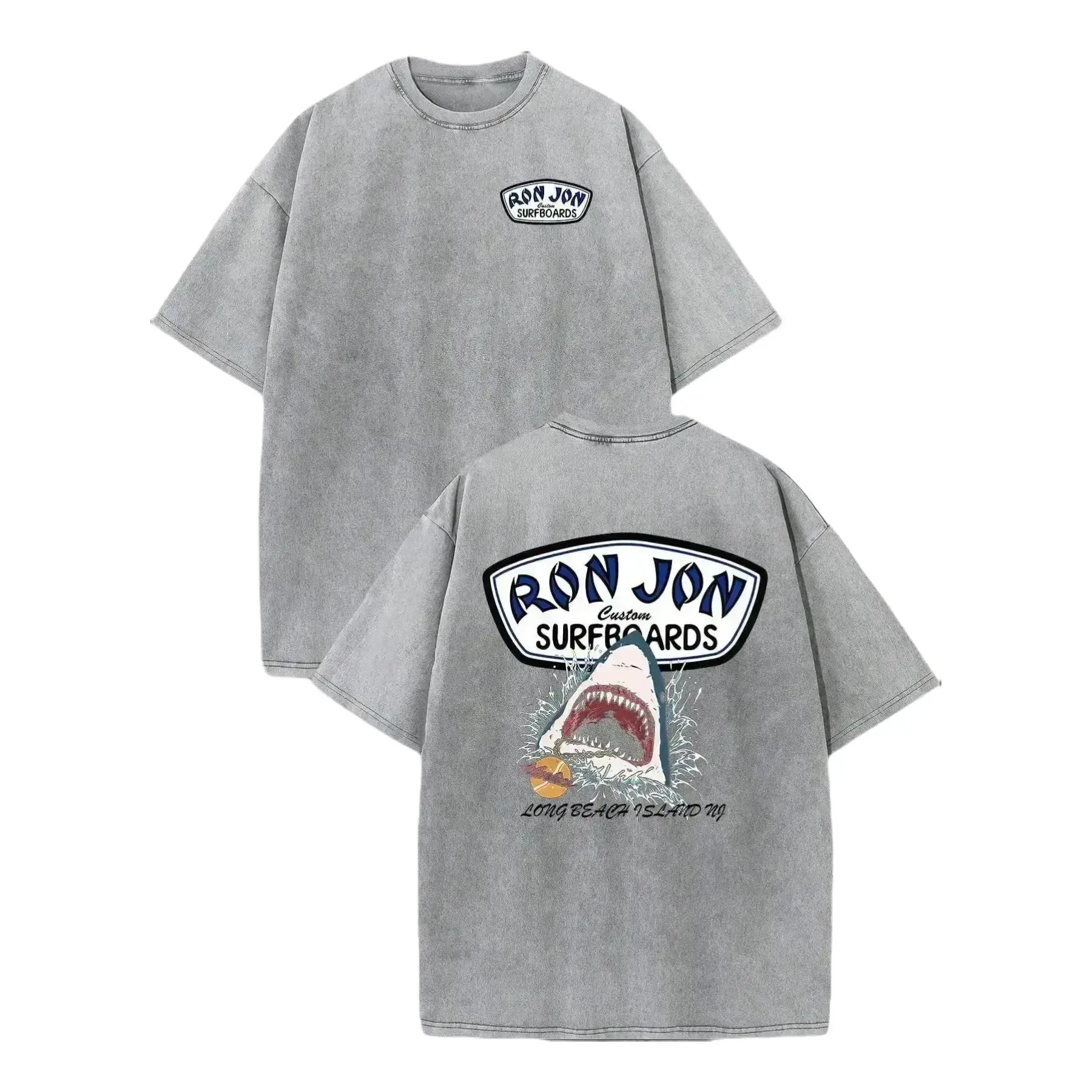 Vintage Washed Grey Ron Jon Surfboards Double Sided Oversized Tee, Retro Shark Long Beach Island Print 100% Cotton Unisex T-Shirt, Y2K Beach Surf Aesthetic Relaxed Fit Streetwear Short Sleeve Top, Summer Vacation Casual Surf Lover Gift For Men Women