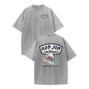 Vintage Washed Grey Ron Jon Surfboards Double Sided Oversized Tee, Retro Shark Long Beach Island Print 100% Cotton Unisex T-Shirt, Y2K Beach Surf Aesthetic Relaxed Fit Streetwear Short Sleeve Top, Summer Vacation Casual Surf Lover Gift For Men Women