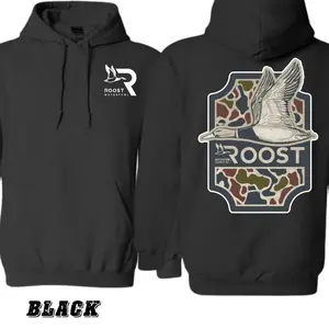Roost Waterfowl with Flying Waterfowl and Camo Pattern Design 2 Sides Hoodie, Apparel for Outdoor and Hunting, Unisex Topwear