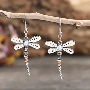 Retro Elegant Dragonfly Dangle Earrings - Drop & Dangle Jewelry with Translucent Glass Decor, Zinc Alloy, Silver Plated, Creative Female Gift, Unique Accessory for Women