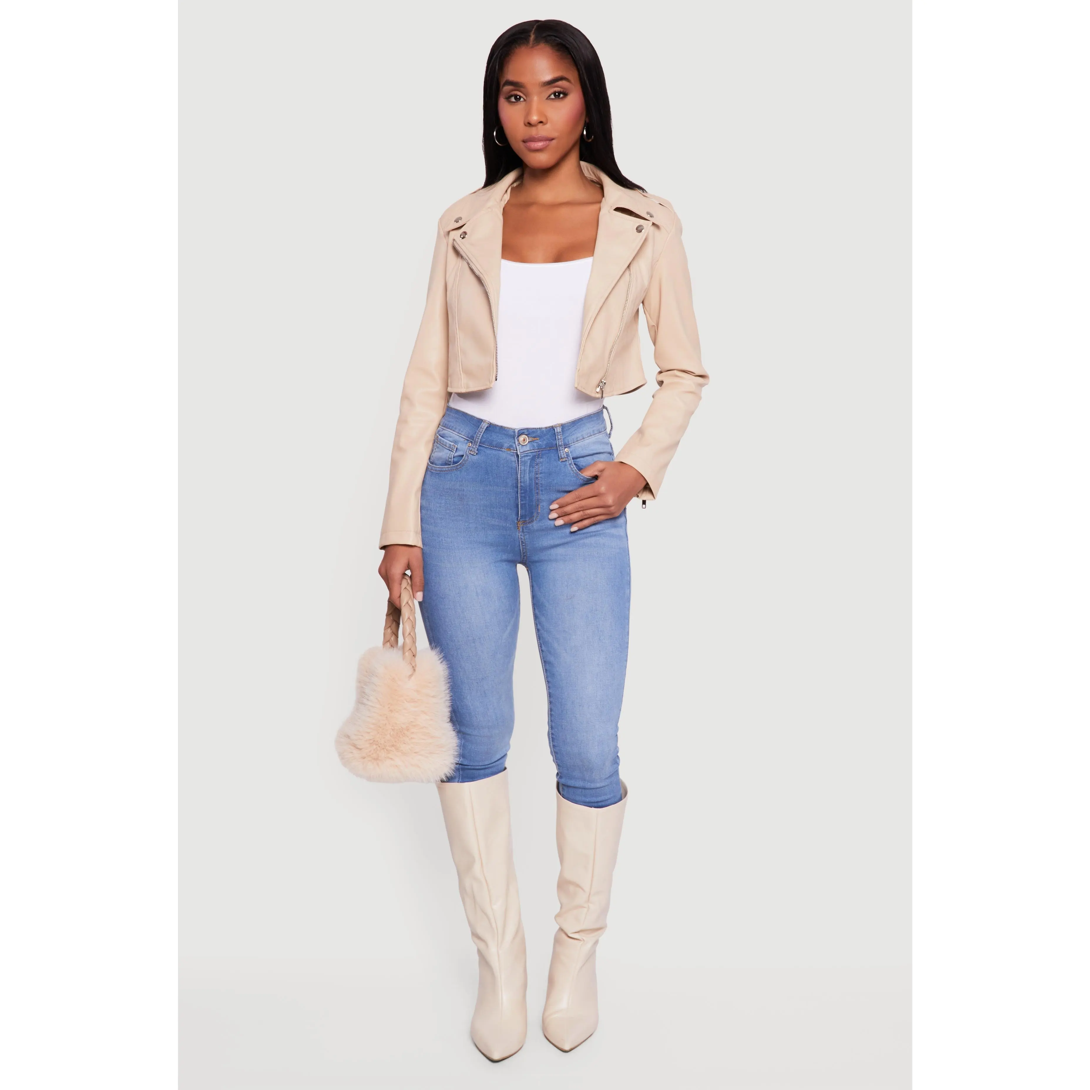 Faux Leather Cropped Zip Front Moto Jacket
