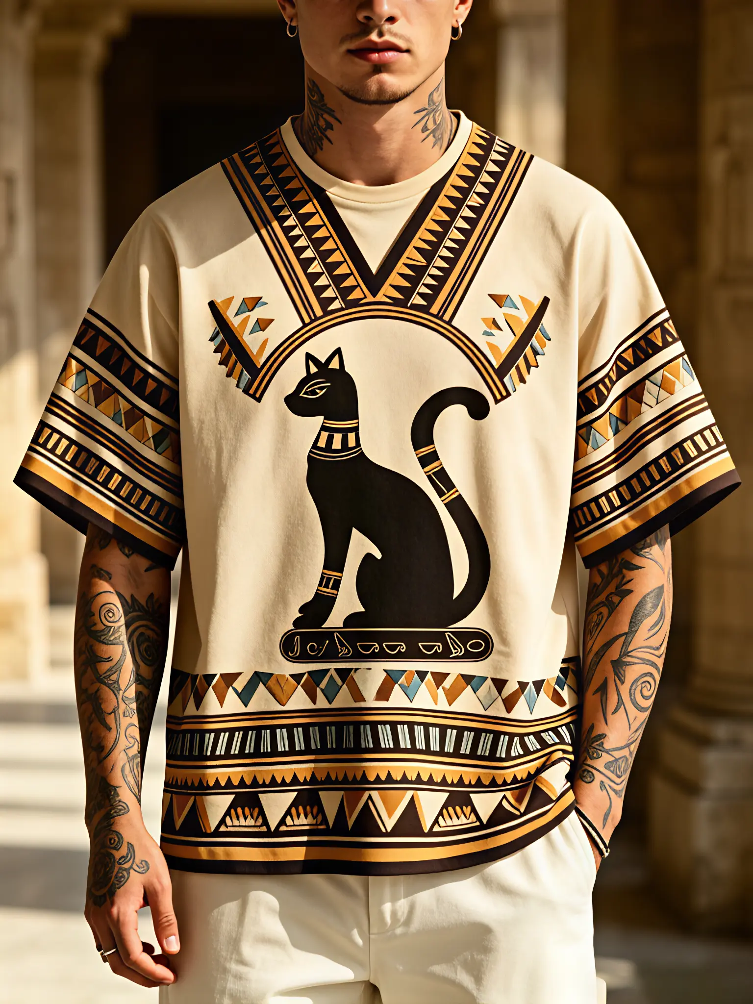Men's Egyptian Hieroglyphic T-Shirt - Ancient Egypt Themed Loose Fit Short Sleeve Shirt with Cat God & Hieroglyphics Print, Machine Washable Round Neck Top Suitable for Parties, Themed Events, Casual Wear