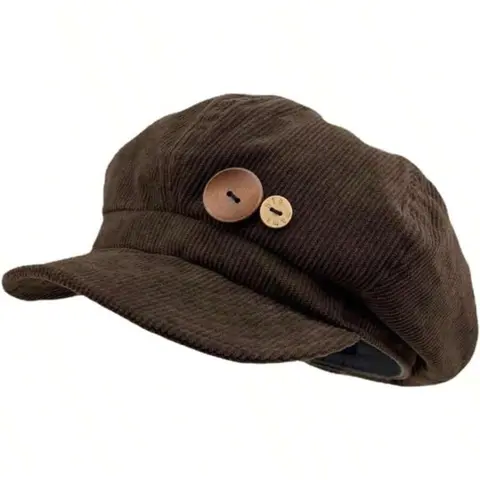 Women's Corduroy Newsboy Cap, Vintage Button Decor Baker Boy Hat, Retro Octagonal Flat Cap for Fall Winter, Cute Plain Style