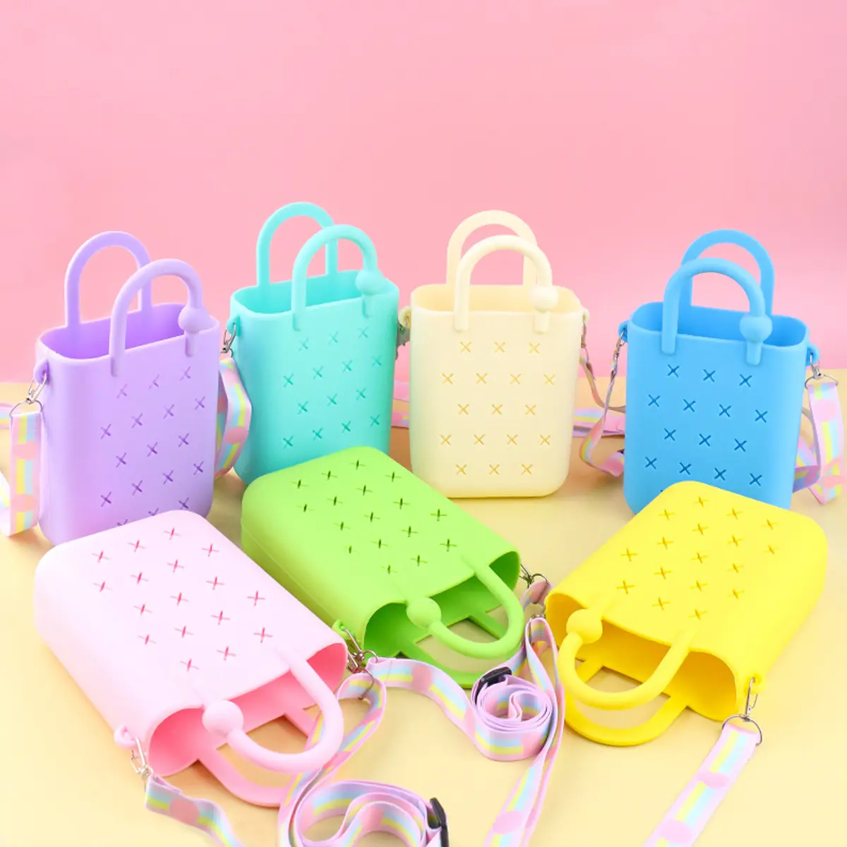 Women's Casual Silicone Crossbody Bag - DIY Open-Top Tote, Lightweight Waterproof Cute Plain Design with Plug-In Holes, Fashionable Casual Accessory for Beach & Travel (Do Not Wash), Fashionable Casual Bag, Adjustable Strap