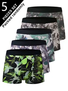 Men's Camo Leaf Print Boxer Briefs, 5 Pack, Fitted Mid-Waist, Comfortable Casual Wear, Geometric Pattern, All Seasons, Camouflage