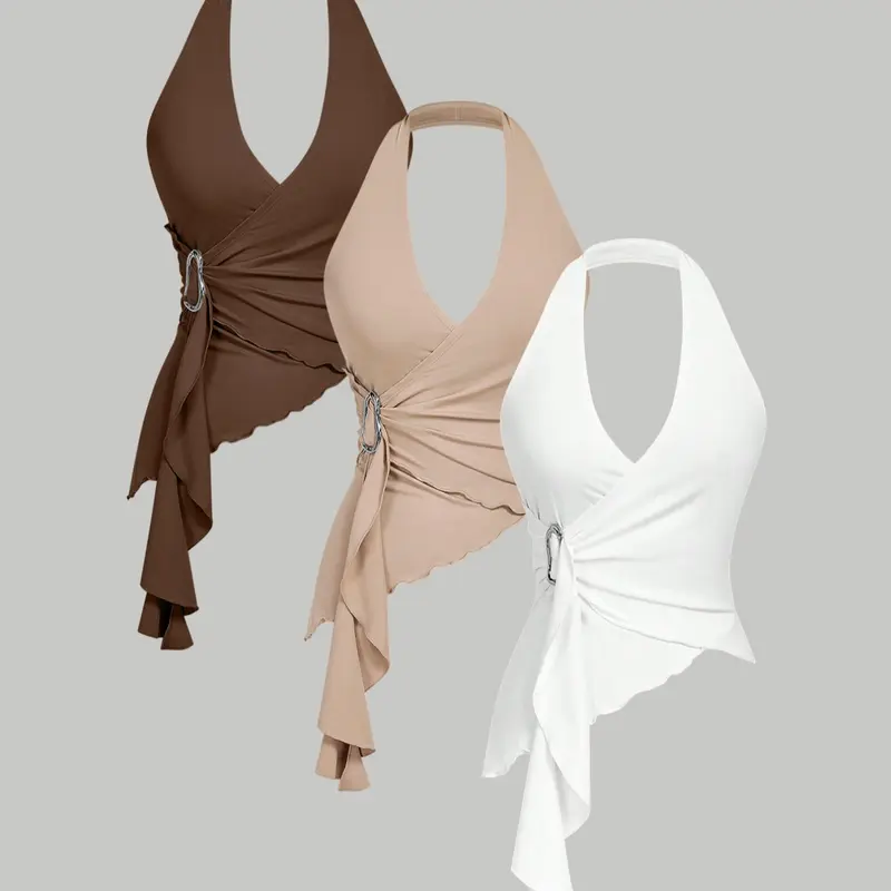 Women's 3-Piece Soft Touch Fitted V-Neck Sleeveless Top Set, Sleeveless Tank Tops, Camisole Neck Halter, Halter Neck Crisscross, Halter Tie Top, Cross Design Metal Buckle, Casual Fashion, Inner Wear or Outerwear, Womenswear