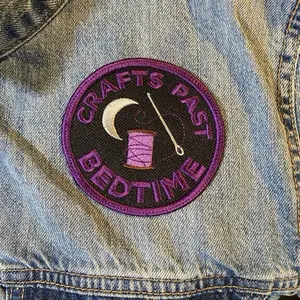 Crafty Merit Badges - Crafts Past Bedtime Patch 3.31x3.31 Iron On Sew On Hook Backing for Jackets Bags Hats Unique Embroidery Show Off Creative Spirit