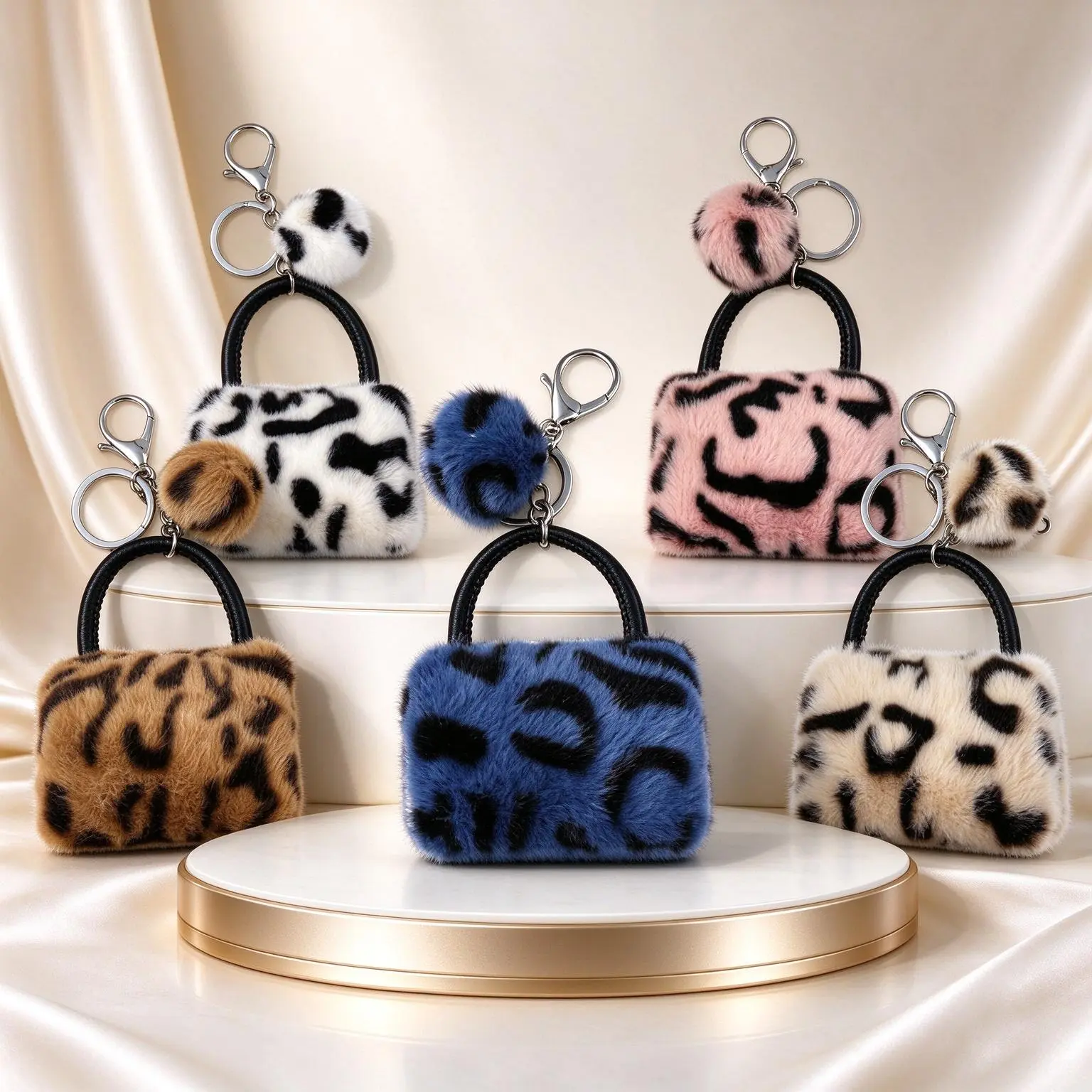 Leopard Print Plush Keychain, Cute Fluffy Pom Pom Bag Charm, Soft Furry Key Ring for Backpacks & Car Keys, Aesthetic Daily Bag Pendant, Great Holiday & Birthday Gift for Women