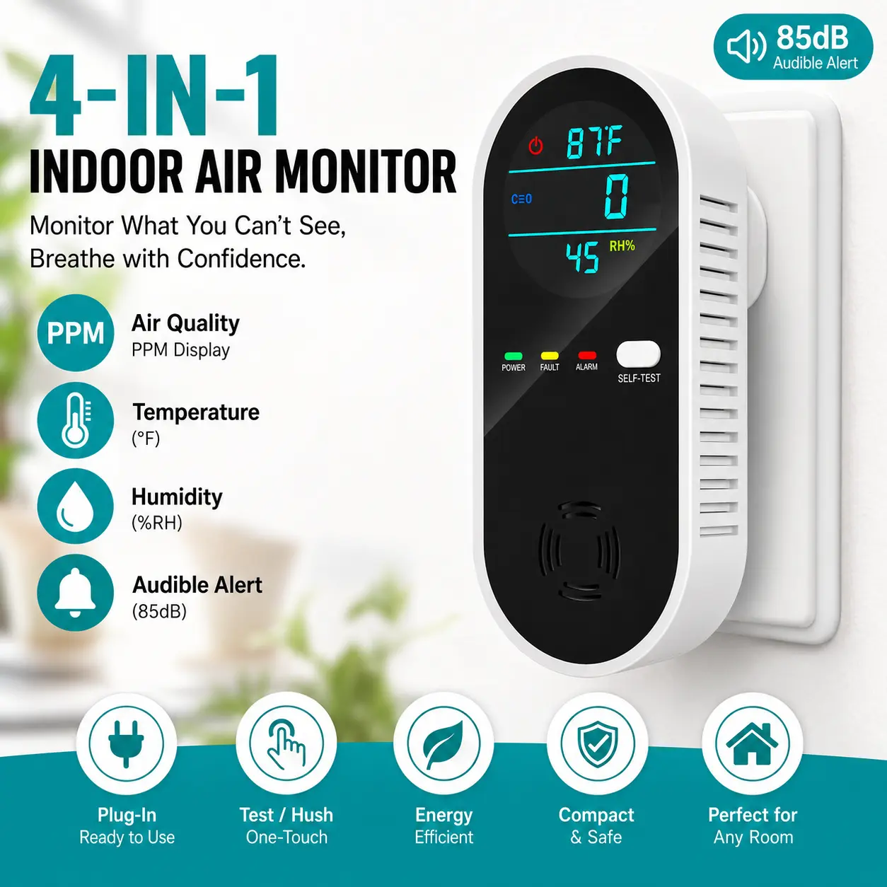 Smart Home Guardian Air & Temp Monitor 5-in-1 Portable Detector with Natural Gas Detection Temperature Humidity Sensors High-Definition Display Accurate Alerts Summervibes