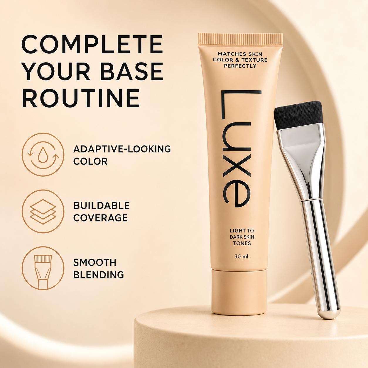Color Changing Foundation & Flat Top Brush Set, 30ml Adaptive Shade Face Makeup with Buildable Coverage, Lightweight Natural Dewy Finish, Smooth Even Blending