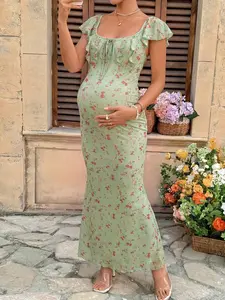 ELARA Puff Sleeve Front Bow Tie Decor Casual Smock Maternity Dress, Striped