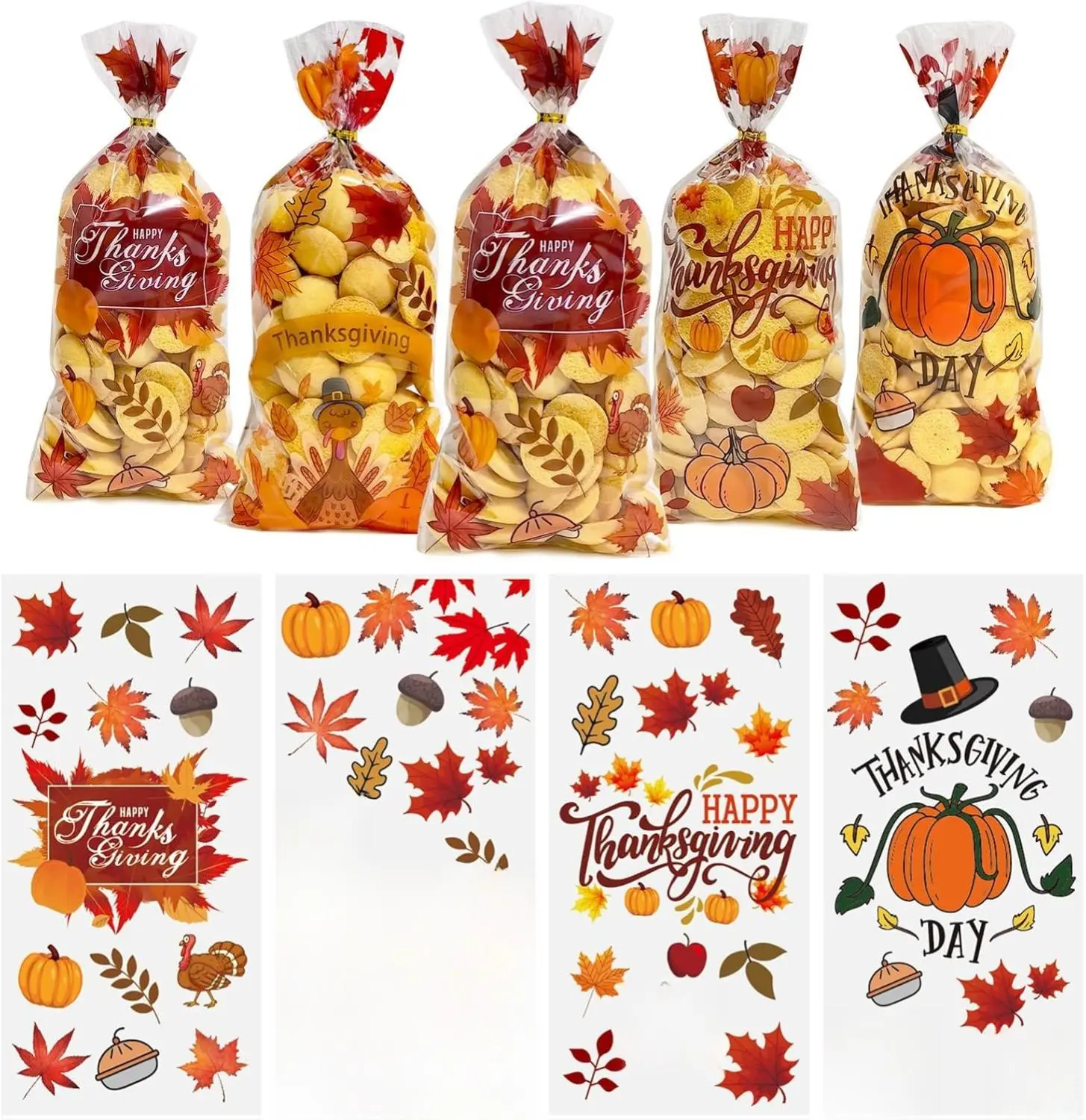 Thanksgiving Gift Bags Cellophane Bags: 50 Pcs Thanksgiving Treat Bags for Goodie Cookies Snacks and Gift Wrapping, Clear Candy Bags with Twist Ties Thanksgiving Party Favors Bags - 4 Style