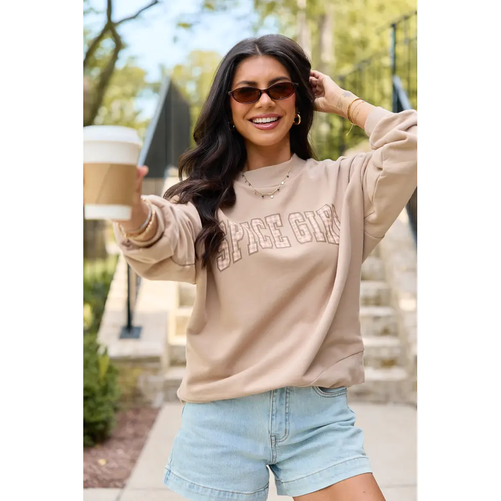 Spice Girl Gingham Taupe Graphic Mock Neck Sweatshirt Spice Girl Gingham Taupe Graphic Mock Neck Sweatshirt
