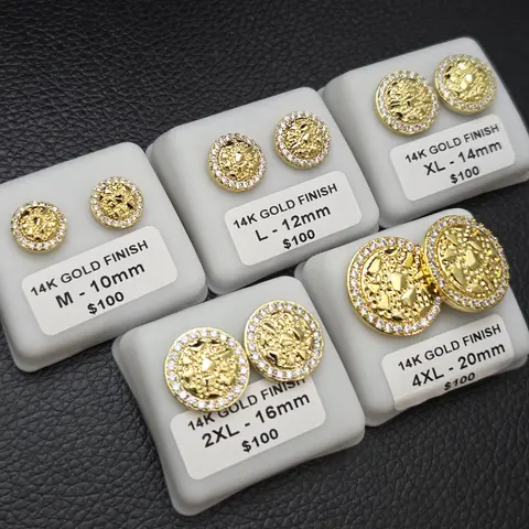 MaxBling81 Elegant Solid Brass Round Gold Nugget Earrings - Iced Lab Created Artificial Moissanite Studs, 10mm/12mm/14mm/16mm/20mm Diameter, Women's Daily Wear Jewelry Gift & Fashion Accessory