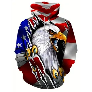 American Flag& Eagle Print Hoodie, Cool Hoodies For Men, Men's Casual Graphic Design Pullover Hooded Sweatshirt With Kangaroo Pocket Streetwear For Winter Fall, As Gifts