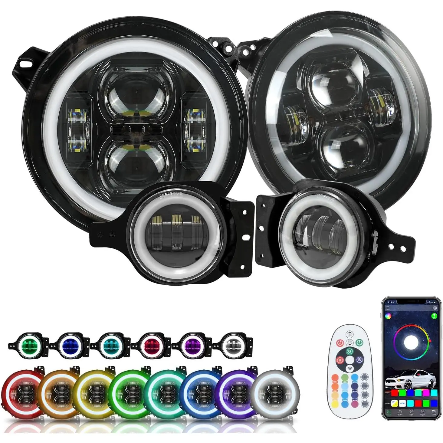 SUNPIE 9-in High Power RGBW Halo & Fog Lights Combo Set with LED Bulb Kit, APP & Remote Control, Waterproof, Easy Install, Night Driving Accessories, Compatible with 2018-2024 JL/JLU, 2019-2024 JT Models, Father's Day Gift, 9 Inch