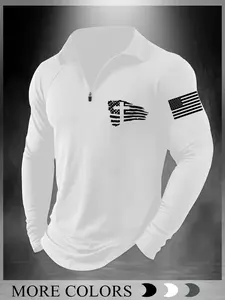 Faith & Patriotic Zipper Polo Shirt, Cross Flag Half-Zip Design, Casual Long Sleeve Top, Available in Multiple Colors, Perfect for Daily Wear