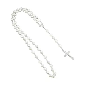 Rose Rosary Necklace Cross Pendant Religious Imitation Pearl Prayer Necklaces