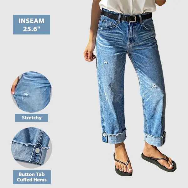 Flamingals Ripped Roll Hem Mid Waist Straight Leg Cropped Jeans Without Belt Stretchy 25.6'' Inseam