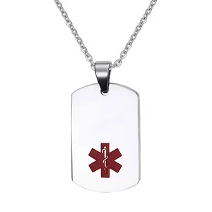 OIDEA Men's Stainless Steel Dog Tag Pendant Necklace with Red Accent, Smooth Engravable Medical ID, 21-Inch Chain Jewelry Necklaces, 0.11"(0.3Cm) Wide, 0.68 Oz