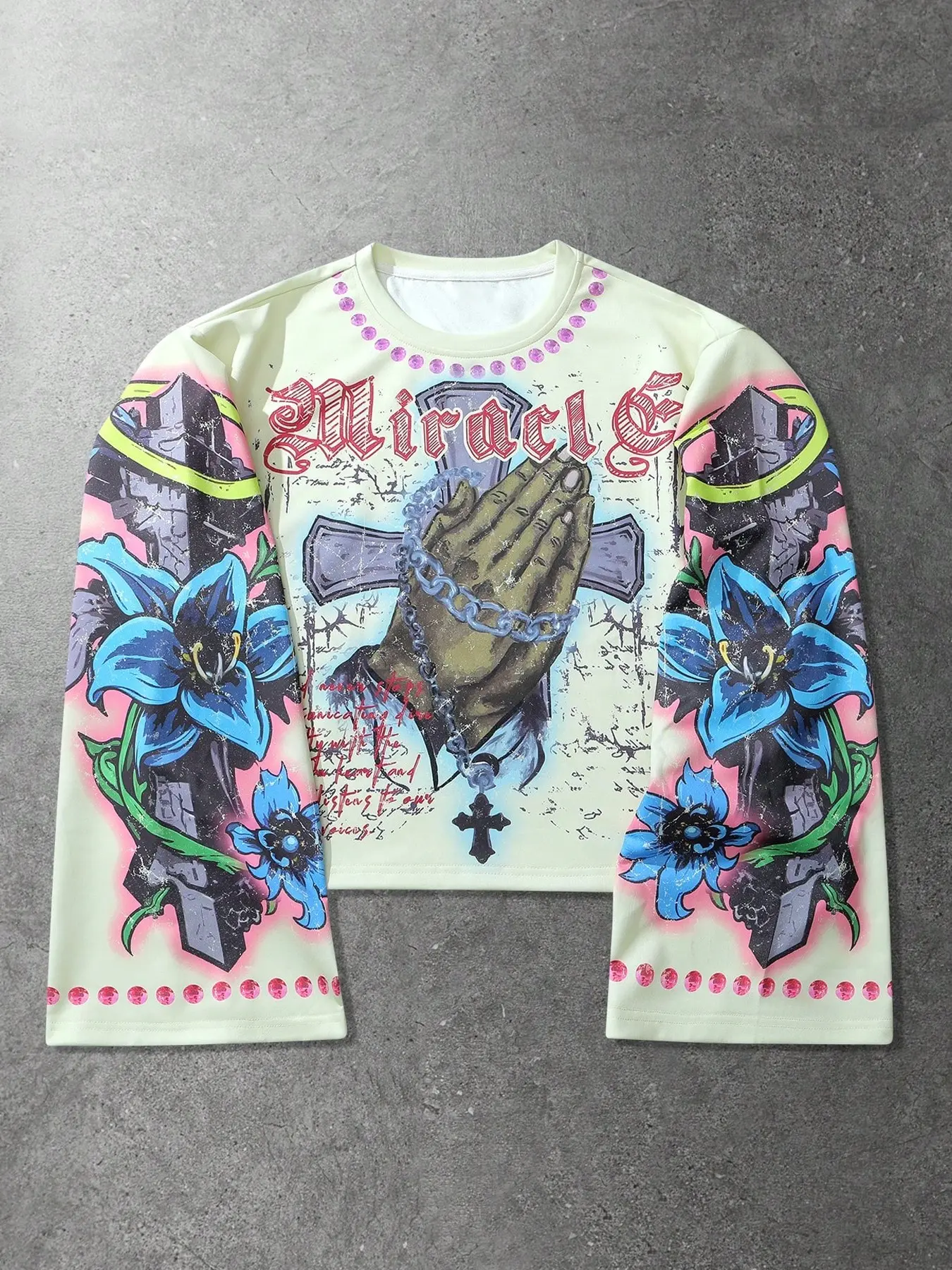 Y2K Vintage Dark Aesthetic Casual Graphic Tee Crewneck, Spring, Colorful Diamond Decoration, Loose Fit, Short Sleeve, Streetwear, Fashion, Daily Campus, City Trend, Top, Long Sleeve, Casual Campus Clothes