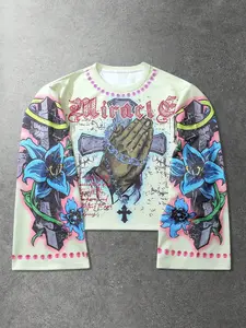 Y2K Vintage Dark Aesthetic Casual Graphic Tee, Spring, Colorful Diamond Decoration, Loose Fit, Short Sleeve, Streetwear, Fashion, Daily Campus, City Trend, Top