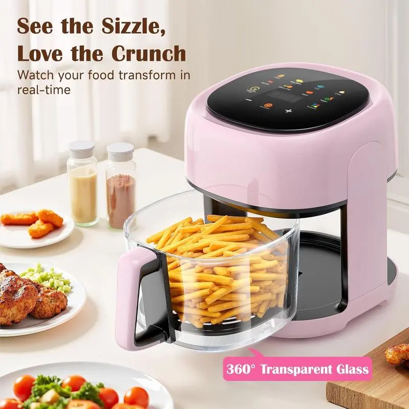 Pink 5QT 8-in-1 Glass Air Fryer with Visible Window, Touch Controls, Compact Nonstick Dishwasher-Safe Basket, Small, Portable Multi-Function Kitchen Appliance for Family Meals, Small Fryers, Portable Multi-Function Fryers