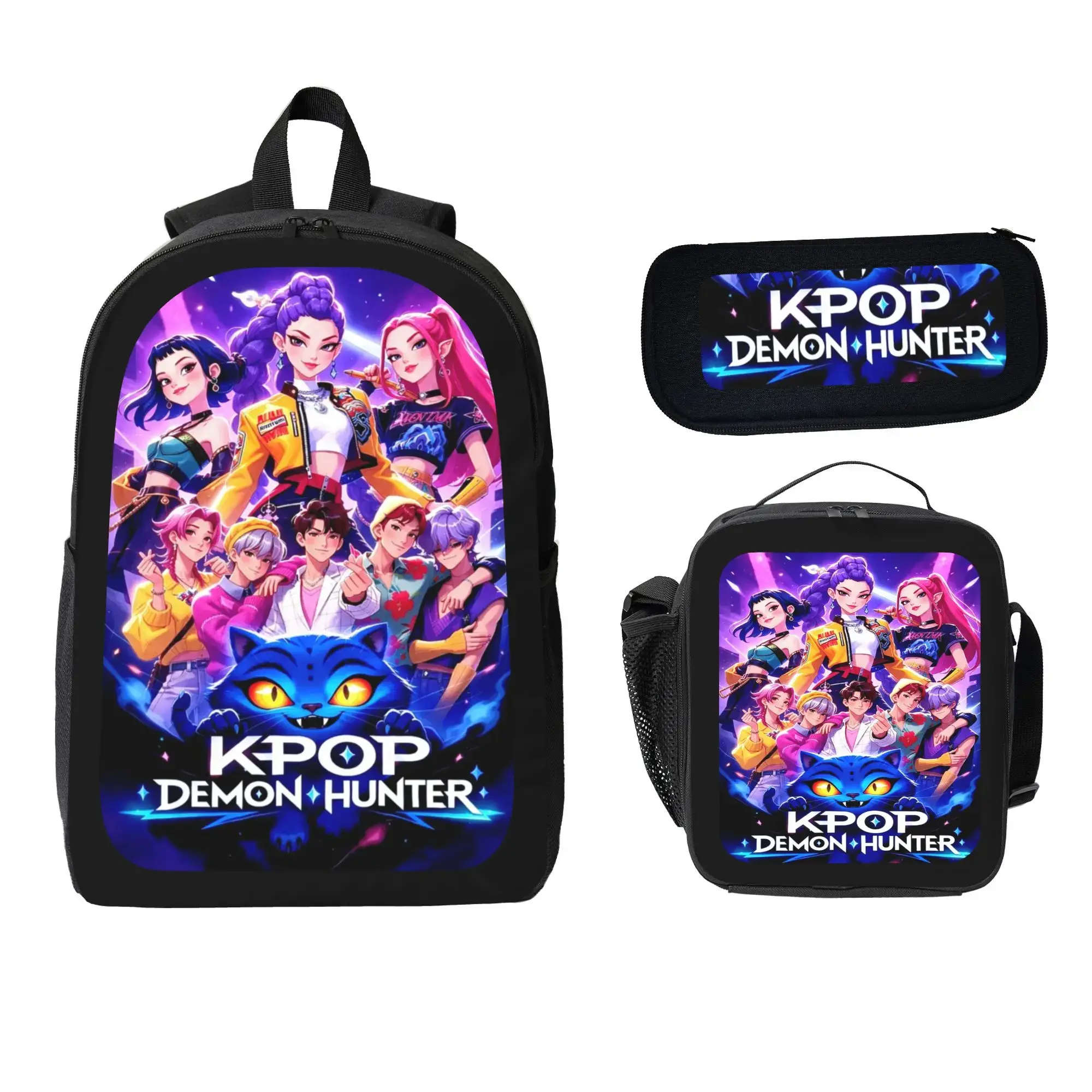 Kpop Cartoon Character Print KDH Backpack Combo Kit, Lightweight Daypack With Thermal Lunch Tote And Stationery Case