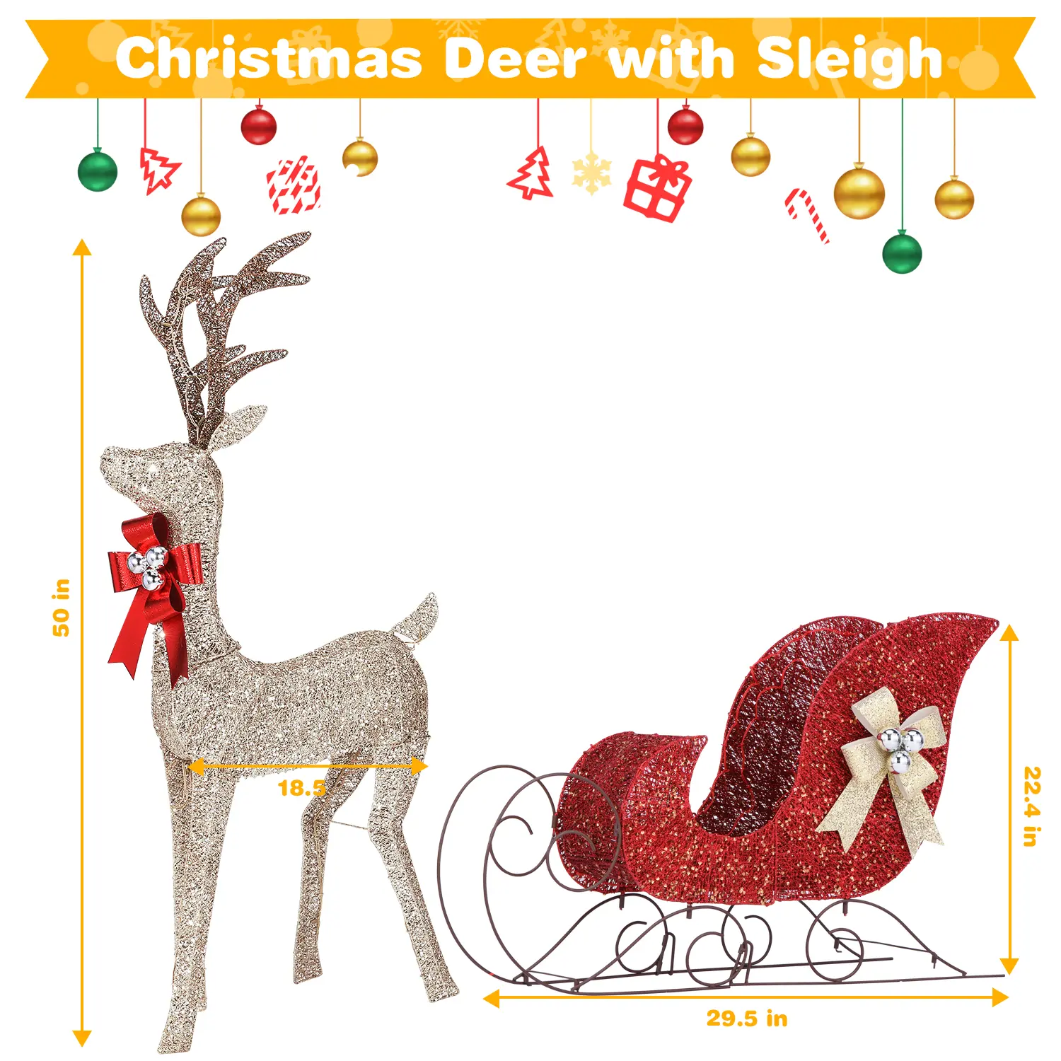 Christmas Deer with Sleigh Set - 2-Piece Large Lighted Reindeer & Sleigh Pre-lit for Indoor Outdoor Decoration with 160 Warm White LED Lights, Metal Frame, Cotton Yarns, PVC, Easy to Install, Ideal for Front Yard, Porch, Garage Ornaments
