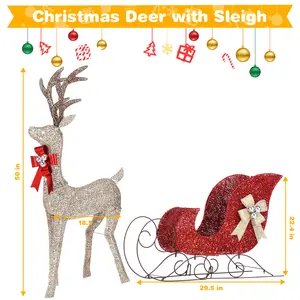 Christmas Deer with Sleigh Set - 2-Piece Large Lighted Reindeer & Sleigh Pre-lit for Indoor Outdoor Decoration with 160 Warm White LED Lights, Metal Frame, Cotton Yarns, PVC, Easy to Install, Ideal for Front Yard, Porch, Garage Ornaments