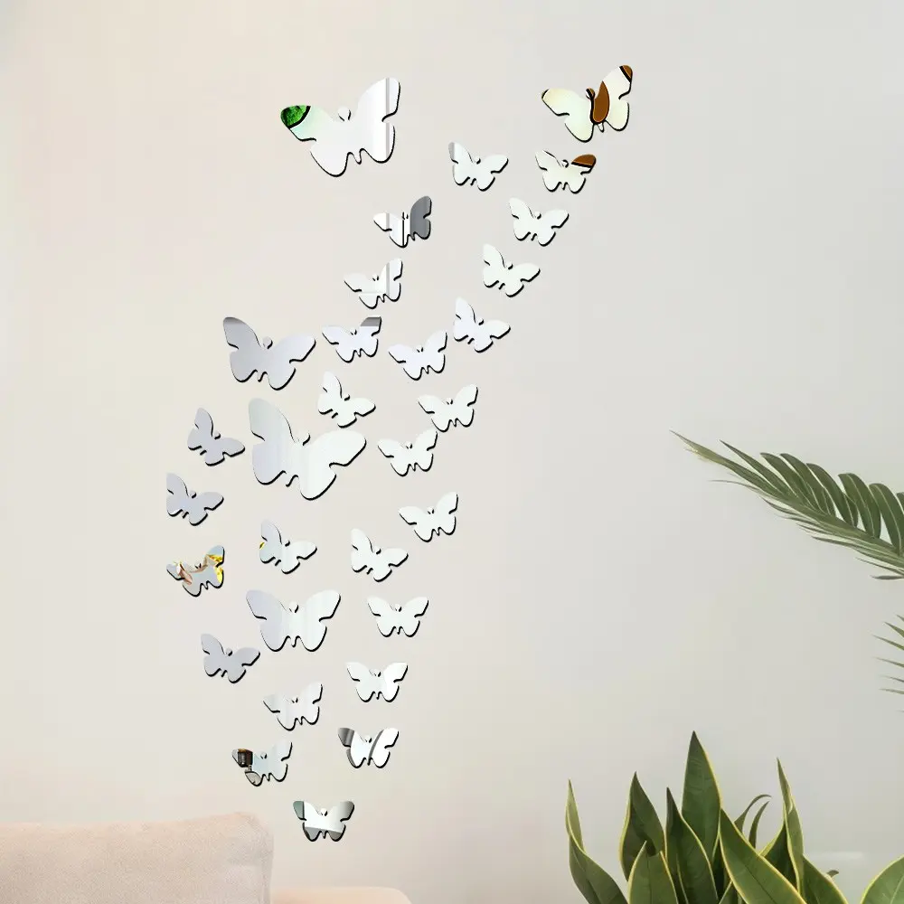 30 Self-Adhesive Butterfly Mirrors, Acrylic Silver Color Decorative Wall Stickers, Home Decor, Decoration Sticker, Interior Stickers, Ideal for Living Room, Bedroom, Closet, Gym, Wedding Party Decor, Decoration Items