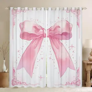 Feelyou Grommet Top Blackout Curtains - Soft Touch Velvet Fabric Set of 2, Pink Bow Print Window Drapes for Kids' Rooms, Multi-Size Pink and White Window Treatments